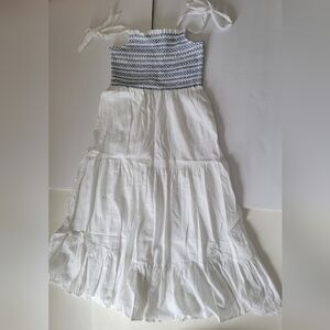 Lucky Brand White & Blue Sleeveless Tiered Boho Linen Blend Smocked Maxi Dress